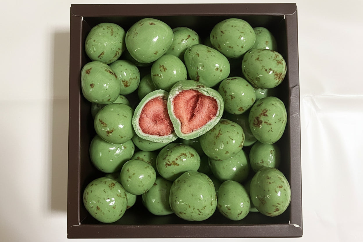 Gefriergetrocknete Erdbeeren in Schokolade mit Matcha-Aroma